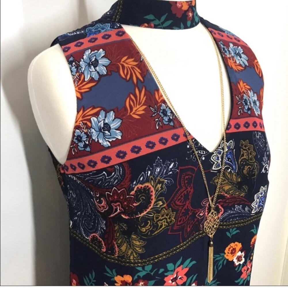 BCX Sleeveless Floral Dress with Necklace Size XS high neck open front NWT